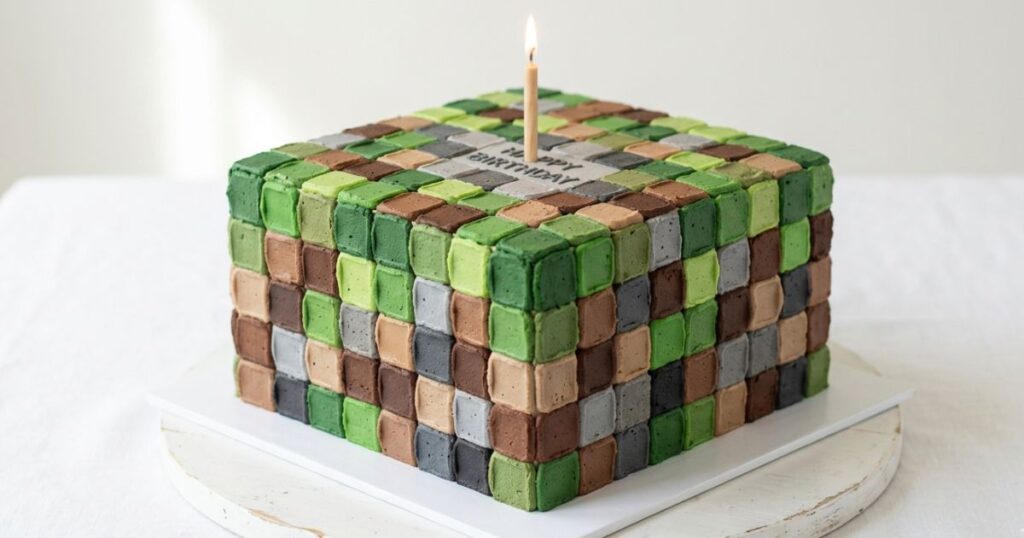 minecraft pixel layer cake patchwork buttercream squares green brown grey block pattern all sides pinterest cake idea