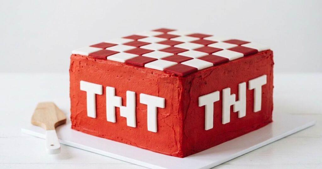 minecraft TNT block birthday cake bright red buttercream base white checkerboard fondant top black TNT pixel text on sides