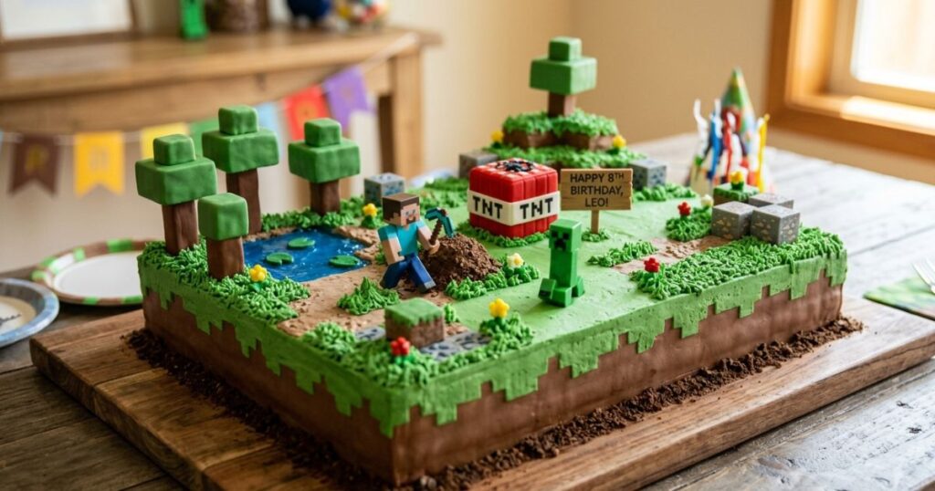 minecraft world scene birthday cake cake board grass block base fondant trees blue jelly pond minecraft toy figures steve creeper