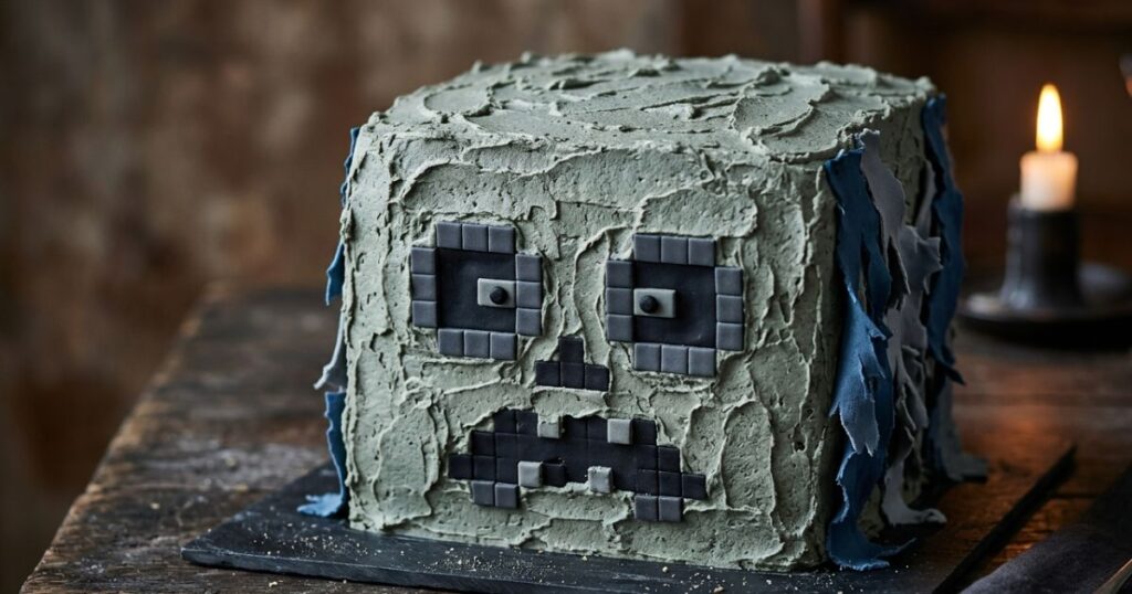 minecraft zombie birthday cake rough grey green textured buttercream black pixel eye squares torn blue fondant shirt sides halloween