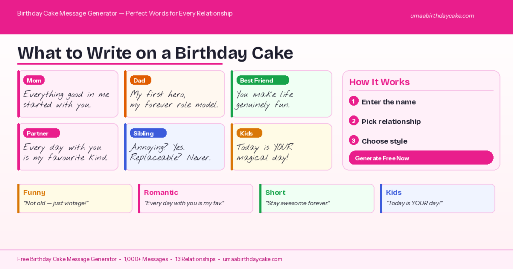 What to write on a birthday cake — message examples for mom, dad, best friend, partner, siblings and kids with 4 message styles at umaabirthdaycake.com