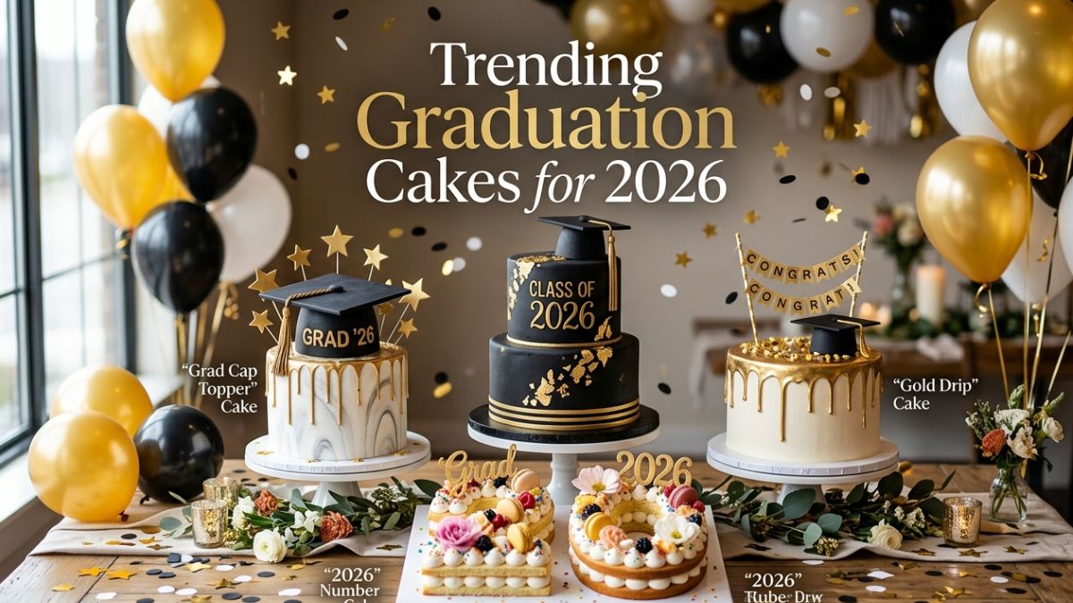 A professional food photography display of four trending graduation cakes for 2026 on a rustic wooden table. The spread includes a white marble cake with a gold drip and graduation cap topper, a three-tier matte black cake with gold leaf accents, a white gold-drip cake with "Congrats" bunting, and a "2026" number cake decorated with macarons and fresh flowers. The background features celebratory black, gold, and white balloons with soft natural window lighting and a shallow depth of field. Gold overlay text reads "Trending Graduation Cakes for 2026.