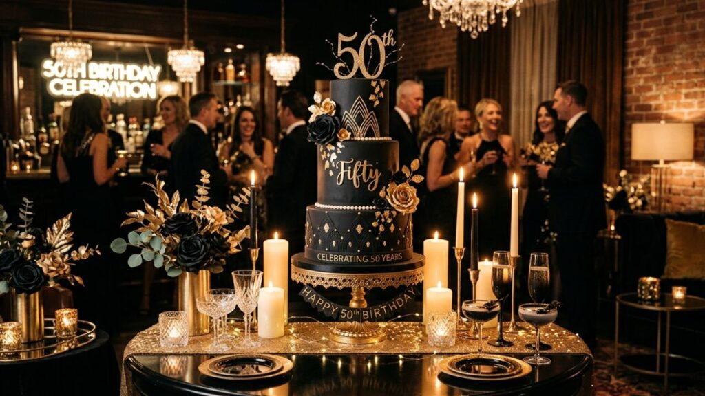 A luxurious three-tier matte black and gold 50th birthday cake on a gold pedestal, featuring Art Deco patterns and a '50' topper, set at an elegant cocktail party with dramatic candle lighting and black-tie guests
