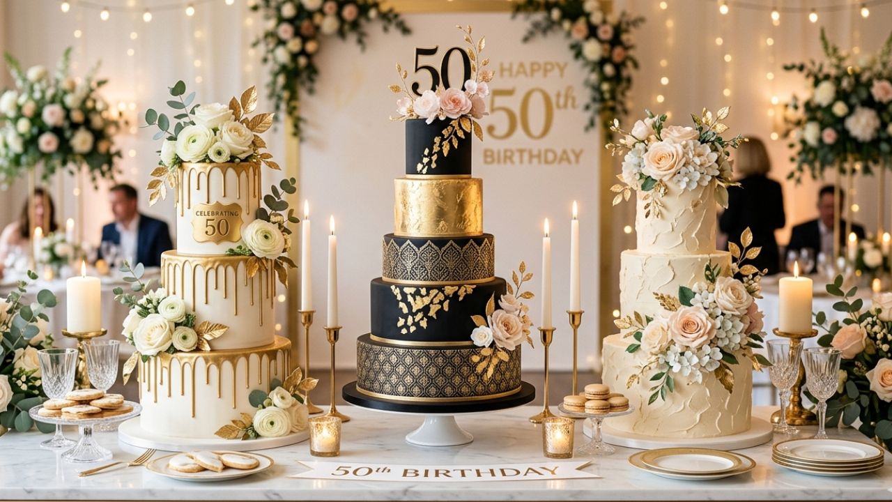 Luxury 50th birthday cake display featuring a black and gold tiered cake, gold drip cake, and floral buttercream cakes on a modern dessert table with elegant party decor.