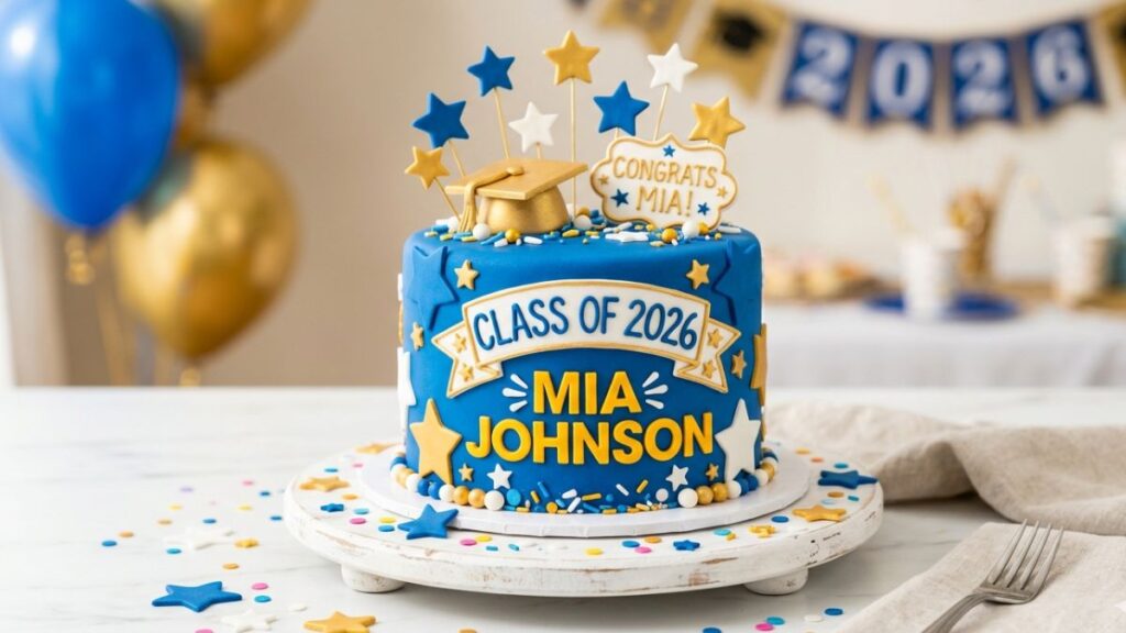 Bright and colorful 8th grade graduation cake in school colors with stars Class of 2026 banner and graduate name, fun middle school graduation cake idea
