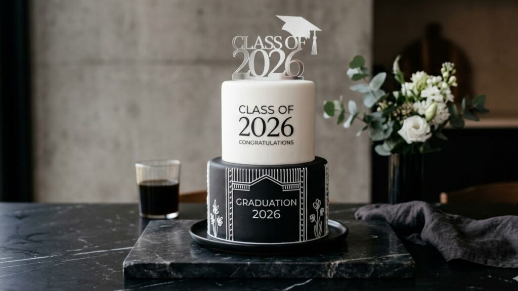 Minimalist black and white two tier graduation cake with white piped details on black base and silver topper, elegant monochrome graduation cake idea
