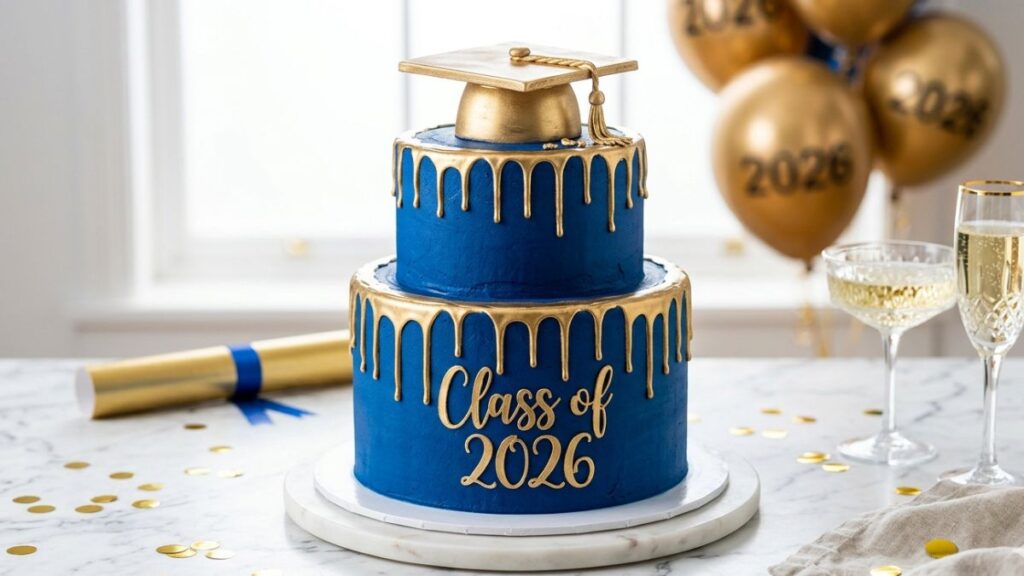 Royal blue and gold graduation cake with gold metallic drip and Class of 2026 gold inscription, beautiful blue and gold graduation cake idea for school colors