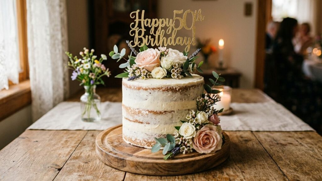 A simple, rustic semi-naked 50th birthday cake topped with fresh pink and white roses, greenery, and a glittering gold "Happy 50th Birthday" topper, set on a wooden table in a warm, naturally lit room.