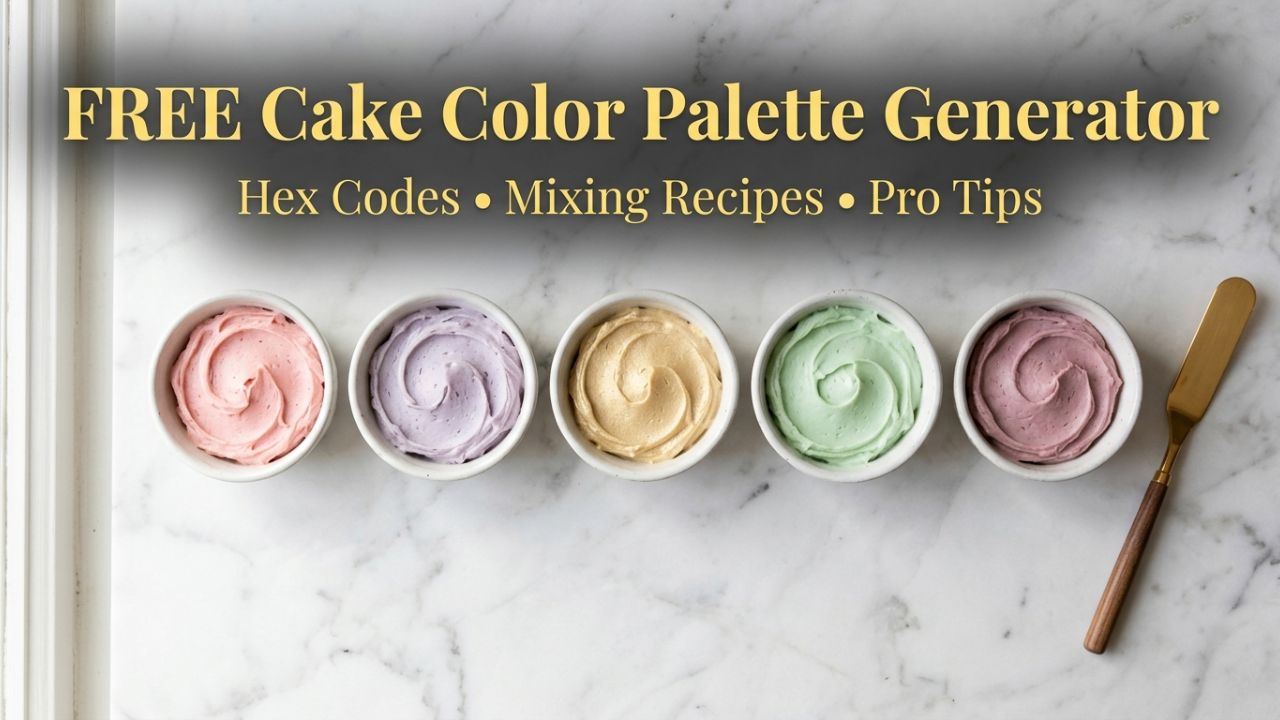 Cake color palette generator flat lay — five bowls of buttercream frosting in blush rose, lavender, champagne gold, mint green, and dusty mauve on white marble
