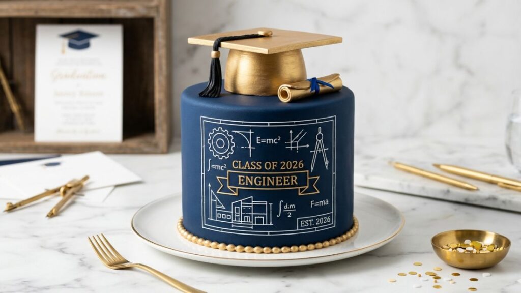 Personalized graduation cake with fondant engineering blueprint design and graduation cap topper in navy and gold, unique career themed graduation cake idea for male graduates