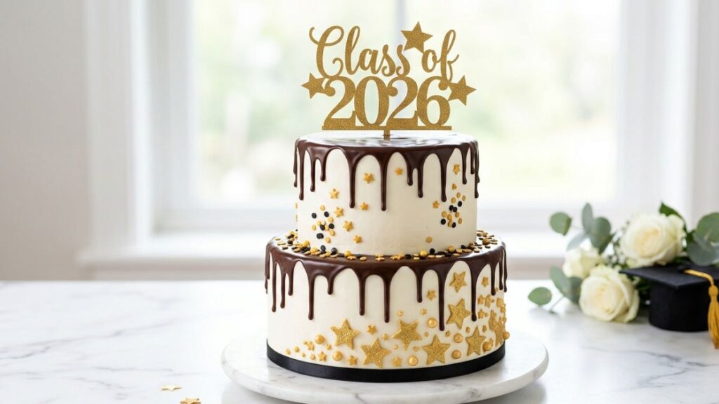 White buttercream graduation cake with dark chocolate ganache drip edible gold stars and Class of 2026 banner topper, modern graduation cake idea