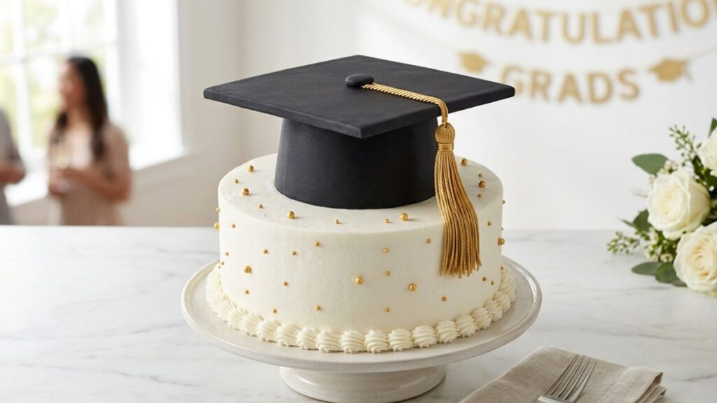 Classic graduation cap cake with black square fondant top and gold tassel on a round white buttercream base, perfect graduation cake idea for any grad
