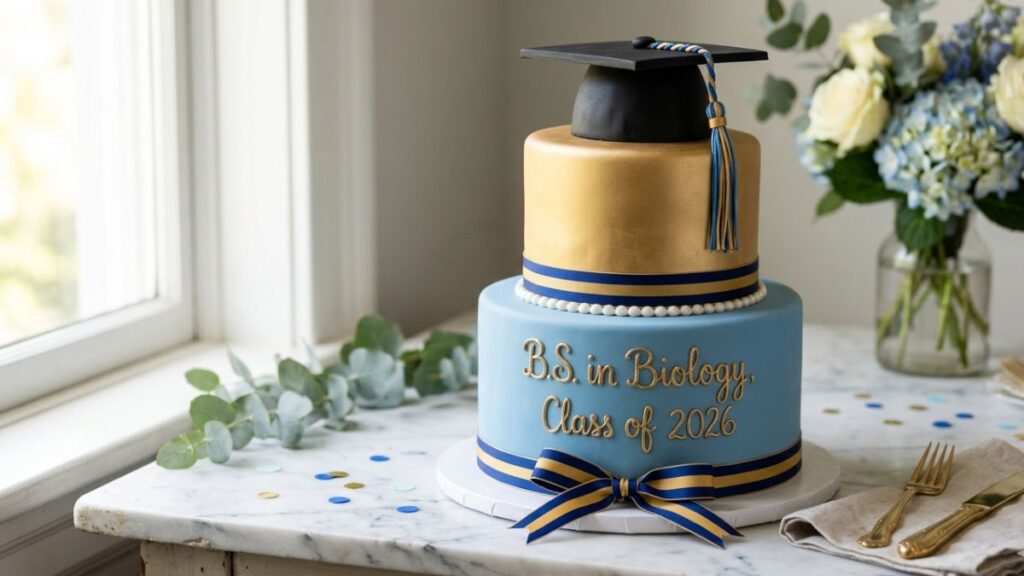 Two tier college graduation cake in university blue and gold with degree name and Class of 2026 inscription and graduation cap topper, personalized college graduation cake idea