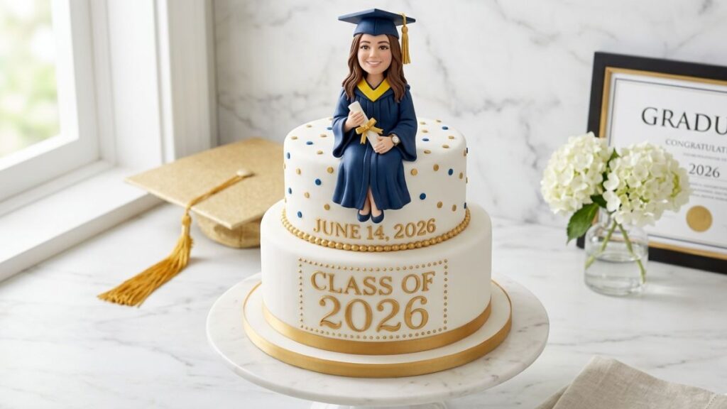 Two-tier graduation cake topped with a fondant figurine wearing a blue graduation gown and cap holding a diploma, personalized graduation cake idea for college