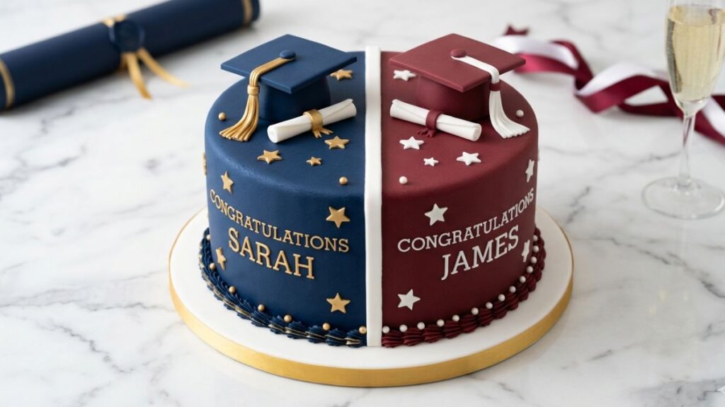Graduation cake split down the middle in two different school color schemes celebrating two graduates at once, unique double graduation cake idea for siblings or twins