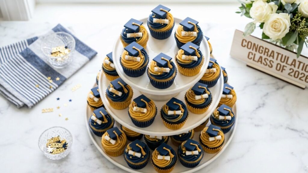 Graduation cupcakes frosted in navy and gold school colors with fondant graduation cap toppers arranged on tiered cupcake stand, easy graduation cupcake idea for large parties