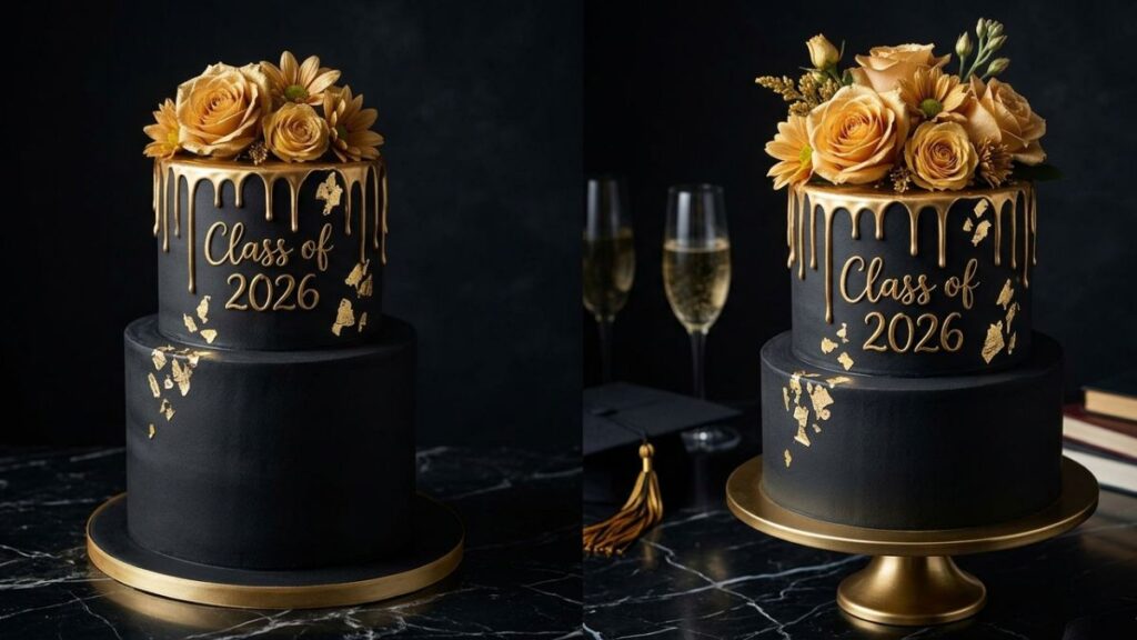 Elegant two-tier black and gold graduation cake with gold drip, gold leaf accents, and Class of 2026 lettering, luxury graduation cake idea for college