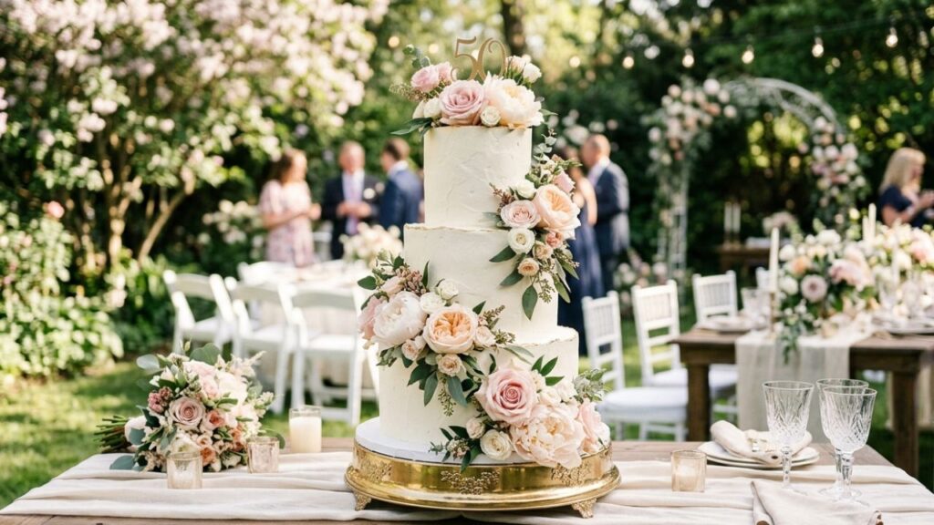 Romantic garden party cake design: three-tier white buttercream cake featuring pastel pink roses, lush peonies, and greenery for a 50th birthday celebration.