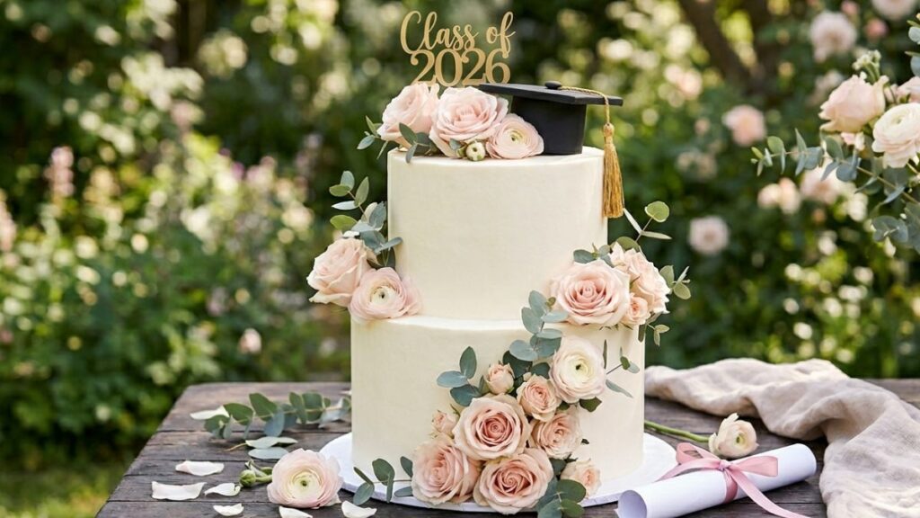 Two-tier white graduation cake with cascading fresh blush roses, eucalyptus and ranunculus, romantic floral graduation cake idea for female graduates