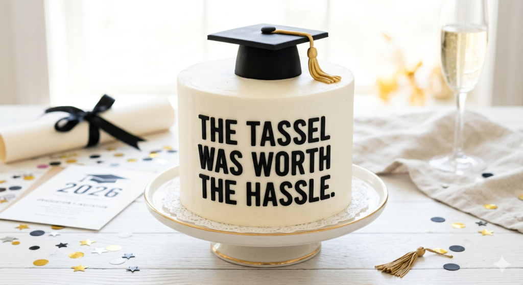 White graduation cake with bold black lettering reading The Tassel Was Worth the Hassle, funny graduation cake idea for casual parties with close friends and family
