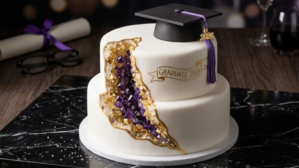 White graduation cake with gold and purple rock candy crystal geode cut section, artistic geode graduation cake idea for unique celebrations