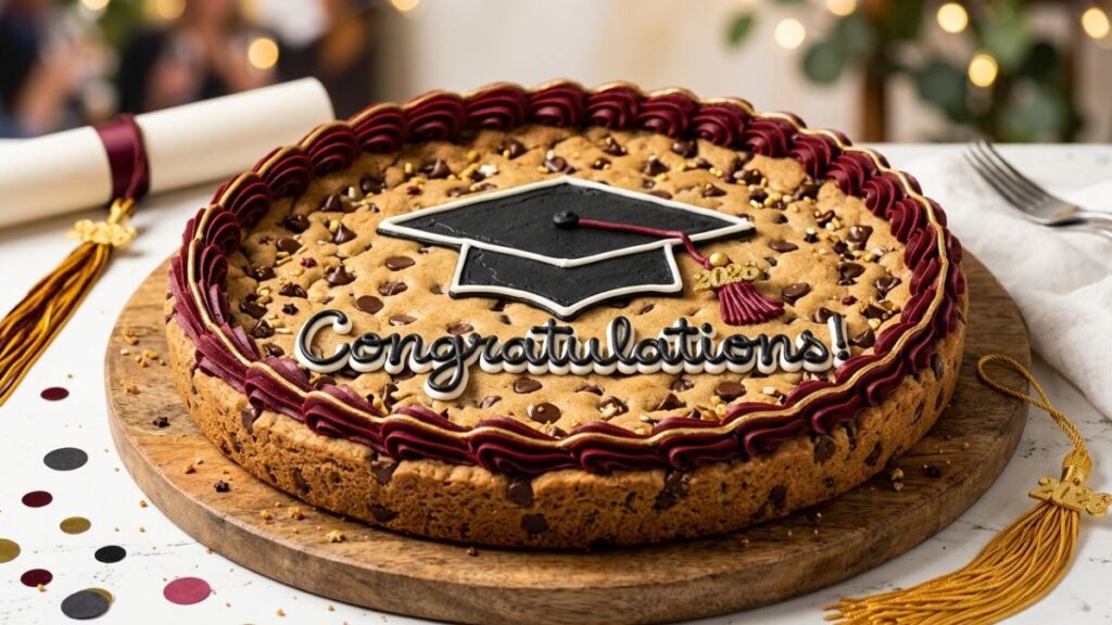 Giant round graduation cookie cake with school color buttercream piping graduation cap border and Congratulations inscription, fun graduation cookie cake alternative idea