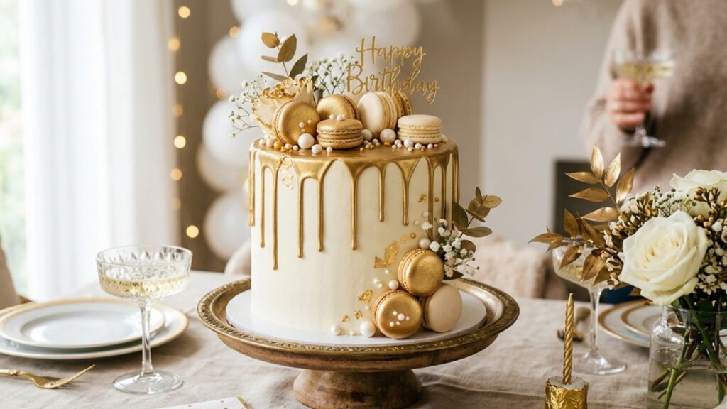 Modern luxury birthday cake featuring gold drip effect, gourmet gold-dusted macarons, and edible gold leaf accents. Premium bakery-style food photography of a sophisticated celebration dessert table.