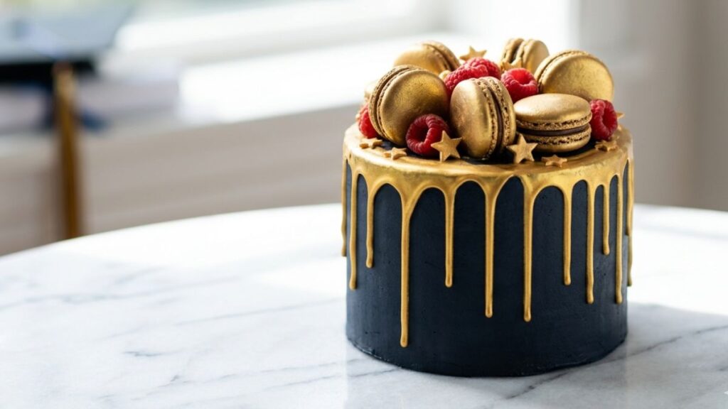 Dark navy buttercream graduation cake with gold chocolate drip macarons and fresh berries, trending gold drip graduation cake idea for 2026