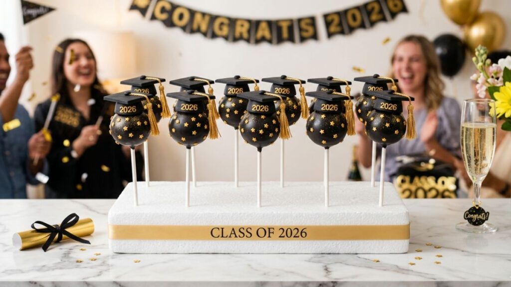Graduation cake pops coated in black and gold chocolate with fondant graduation cap tips arranged in a foam display stand, graduation cake pop idea as party favors