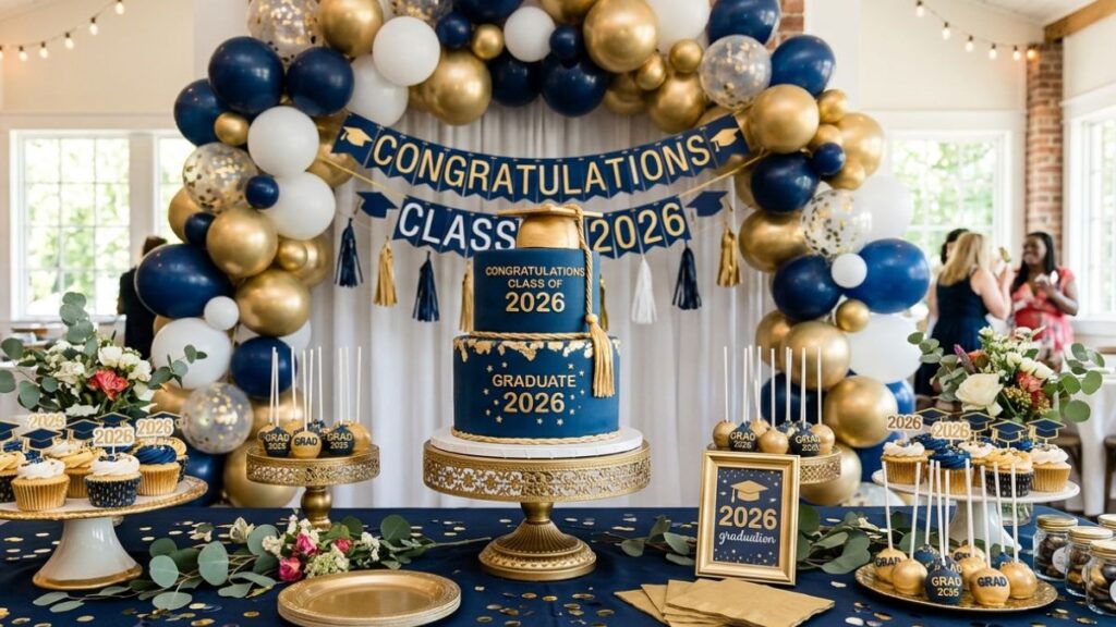 Two tier graduation cake displayed in front of navy and gold balloon arch with coordinating dessert table, graduation cake display idea with full party styling