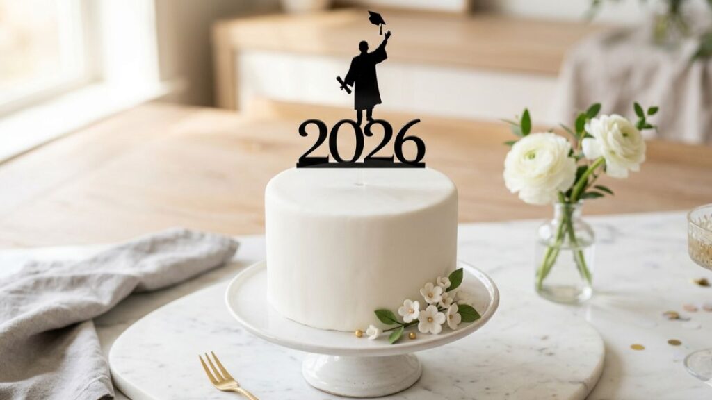White graduation cake with custom acrylic topper featuring graduate photo name and year, affordable personalized graduation cake idea