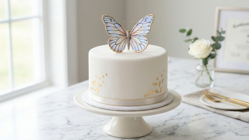 White and gold single tier graduation cake with iridescent butterfly topper and gold foil accents, meaningful graduation cake idea for female graduates