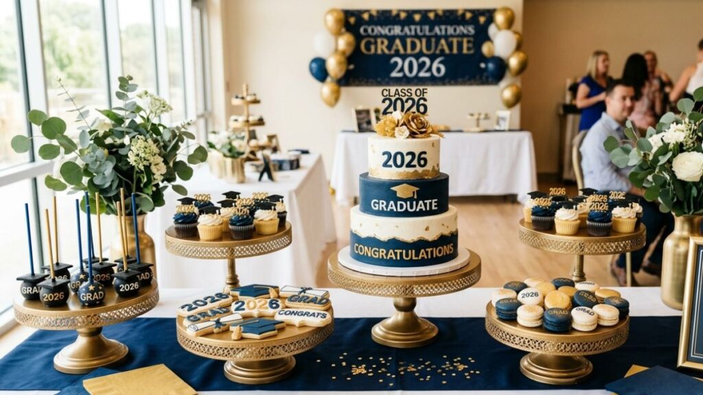 Styled graduation dessert table with small cutting cake surrounded by cake pops macarons sugar cookies and cupcakes all in matching school colors, beautiful graduation cake table idea