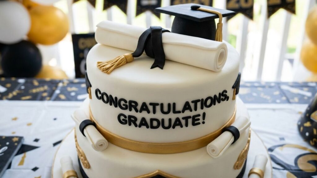 Graduation cake decorated with a fondant diploma scroll tied with a red ribbon on a cream buttercream base, elegant graduation cake idea for high school and college