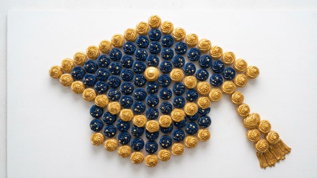 Pull apart cupcake cake arranged in the shape of a graduation cap in navy and gold school colors, high school graduation cake idea for large groups