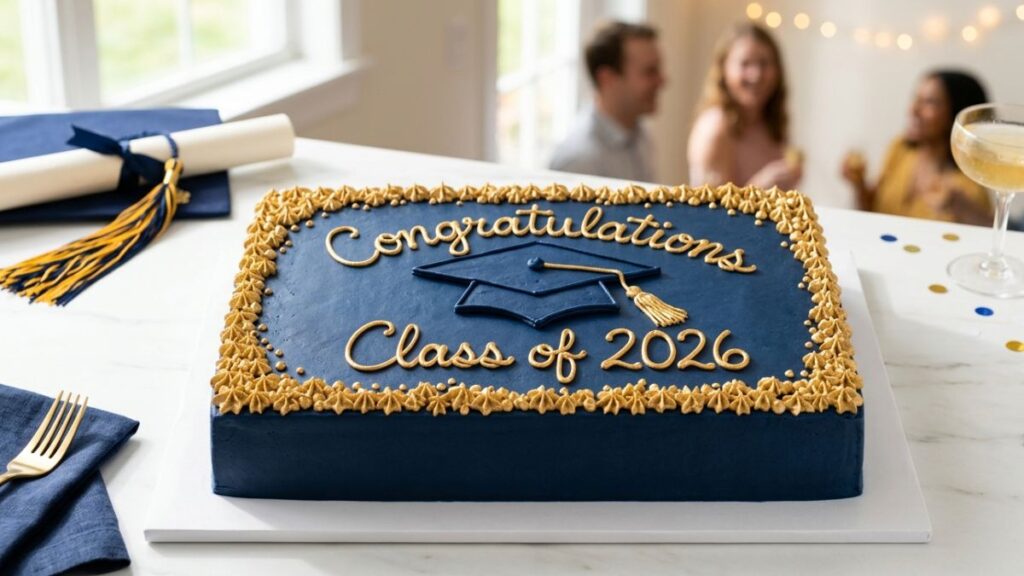 High school graduation sheet cake decorated in navy and gold school colors with piped graduation cap and Congratulations Class of 2026 message, popular high school graduation cake idea