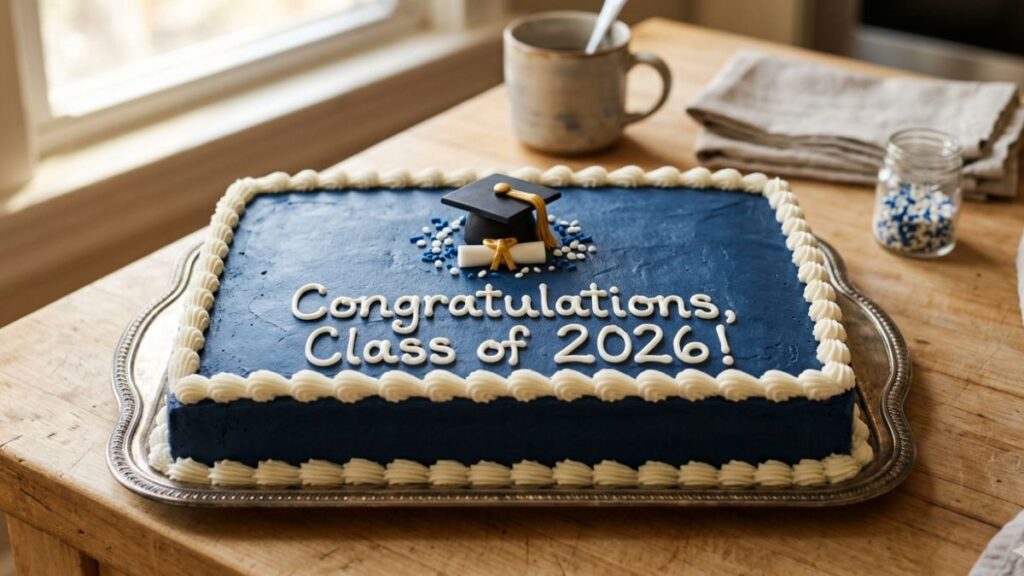 Homemade graduation sheet cake with school color buttercream piped border graduation cap sugar decoration and handwritten Congratulations message, DIY graduation cake idea