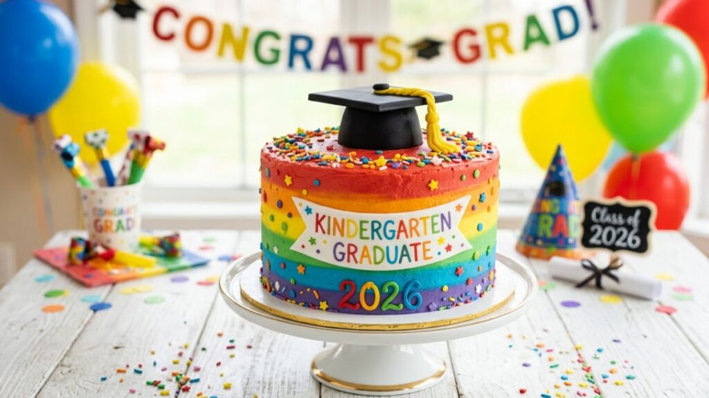 Bright rainbow colored kindergarten graduation cake with small fondant graduation cap and Look How Far You Have Come message, adorable kindergarten graduation cake idea