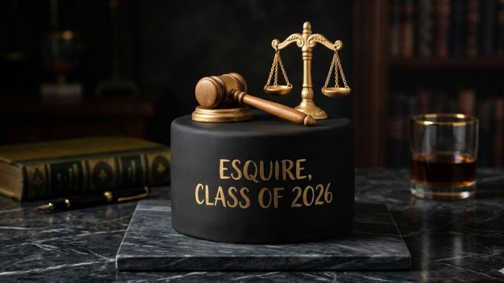 Black and gold law school graduation cake with fondant gavel topper and Esquire Class of 2026 gold inscription, sophisticated law school graduation cake idea