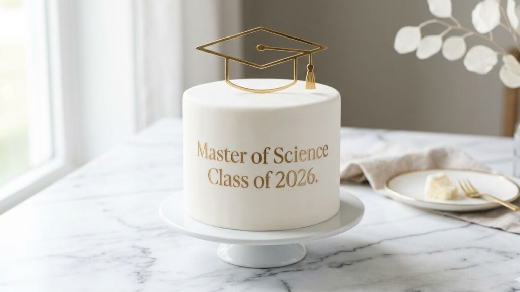 Minimalist white and gold masters graduation cake with clean gold typography and simple graduation cap topper, sophisticated masters degree graduation cake idea