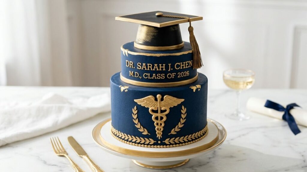 Navy and gold medical school graduation cake with caduceus symbol fondant stethoscope and Dr Class of 2026 inscription, impressive medical school graduation cake idea