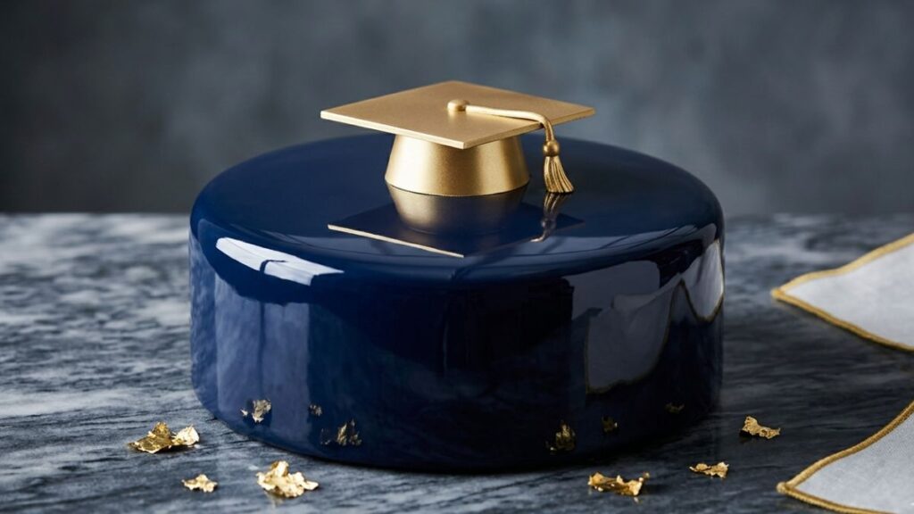 Navy blue mirror glaze graduation cake with reflective glossy surface and gold graduation topper, stunning show-stopping graduation cake idea 2026