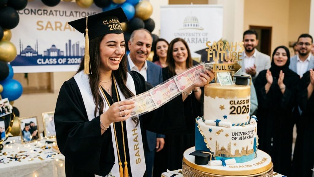 Black and gold graduation cake with ribbon being pulled out revealing folded money bills, viral money pull out graduation cake surprise idea
