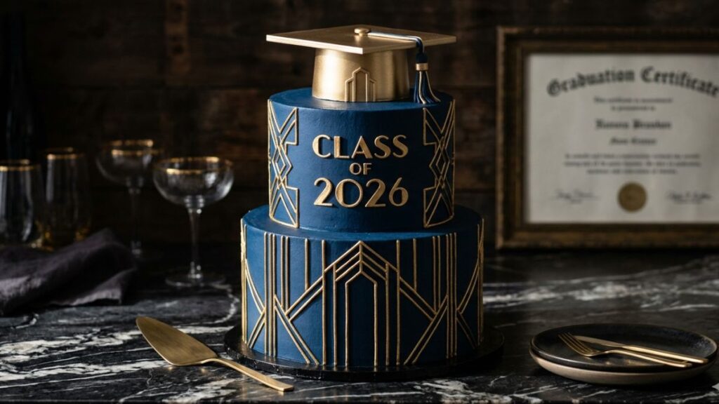 Bold navy blue and gold two tier graduation cake with clean Class of 2026 gold lettering and graduation cap topper, masculine graduation cake idea for guys