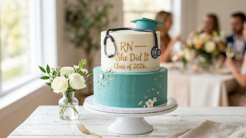 Teal and white nursing graduation cake with fondant stethoscope decoration and RN She Did It inscription, beautiful nurse graduation cake idea