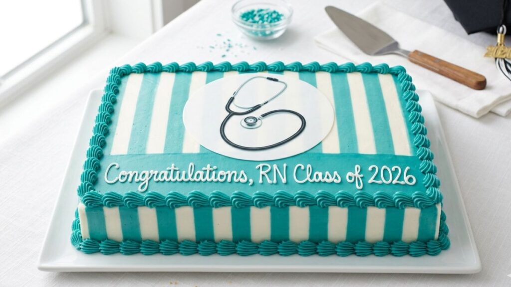 Teal and white nursing school graduation sheet cake with edible stethoscope print and Congratulations RN Class of 2026 message, practical nursing graduation cake idea