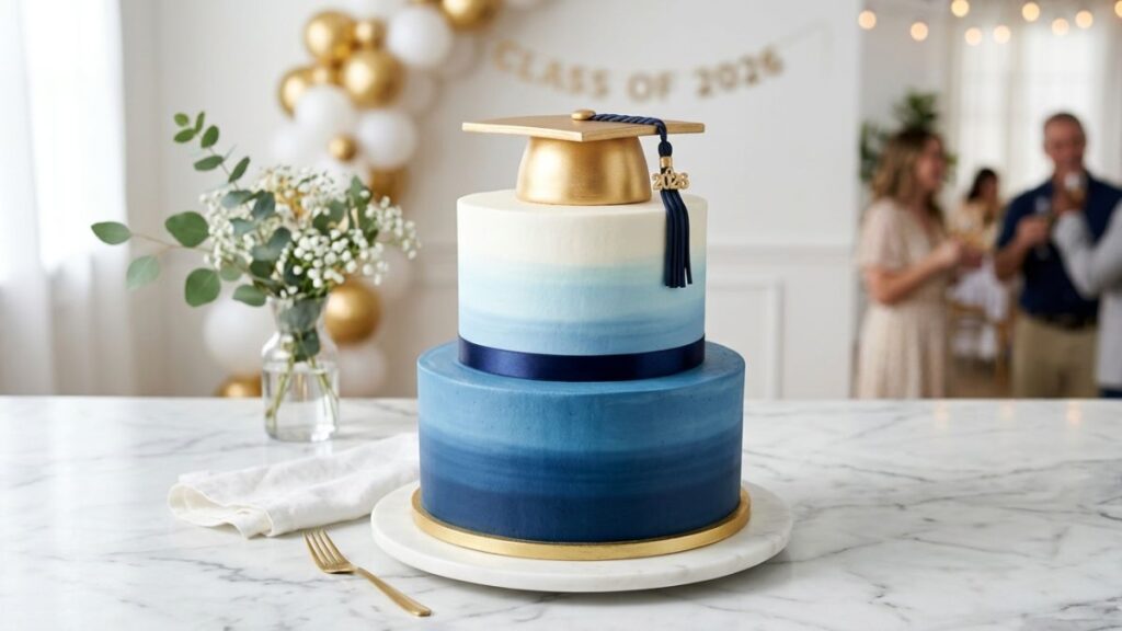 Two tier graduation cake with navy to white ombre buttercream gradient and gold graduation cap topper, elegant ombre graduation cake idea in school colors