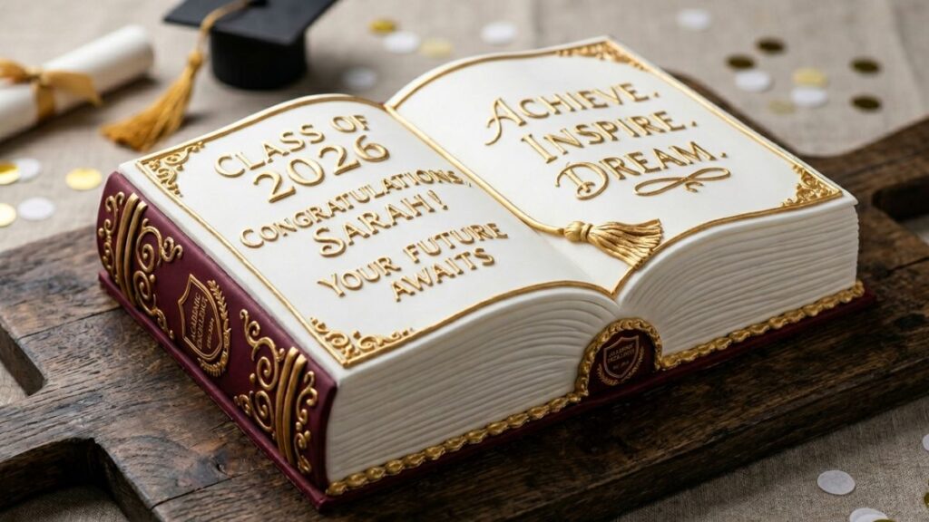 Graduation cake sculpted to look like an open book with gold fondant lettering on white fondant pages, creative graduation cake idea for academic achievers