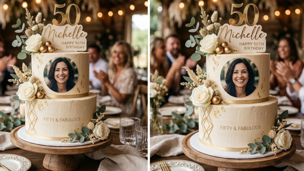 Two-tier modern 50th birthday cake with an edible photo print, gold "Michelle" name topper, and elegant cream buttercream frosting in a rustic lifestyle setting.