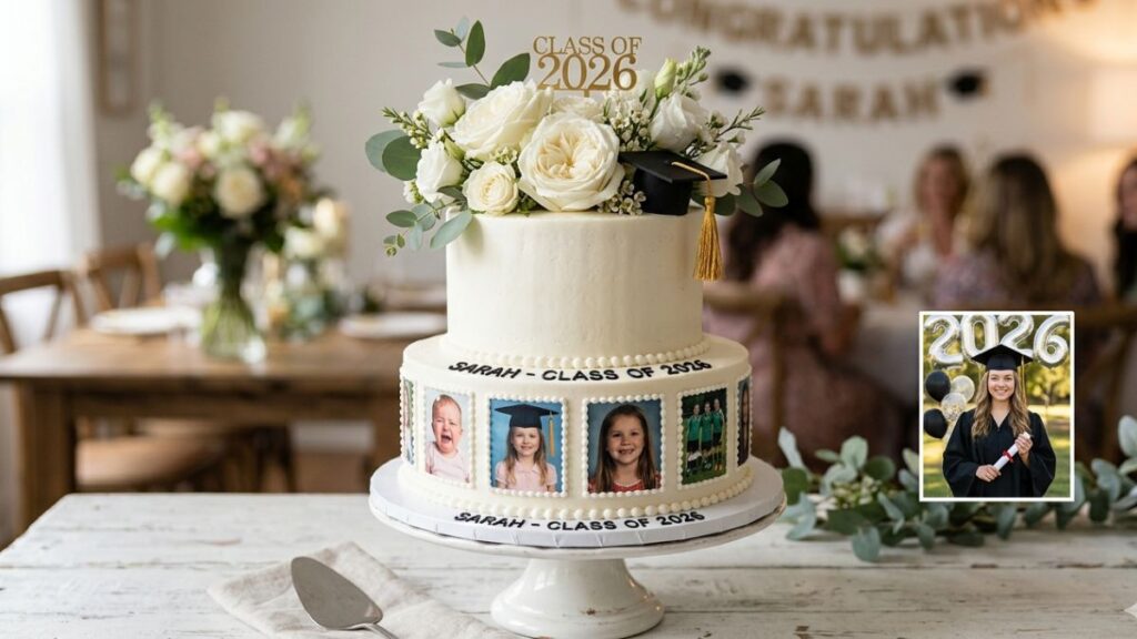 White graduation cake decorated with edible photo prints of graduate from childhood to graduation day around the sides, sentimental photo memory graduation cake idea